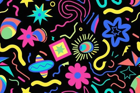 Fun shapes children seamless pattern. Flower geometric neon bright color funky Stock-Illustration