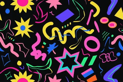 Fun shapes children seamless pattern. Flower geometric neon bright color funky Stock Illustration