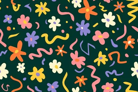 Fun shapes children seamless pattern. Flower geometric neon bright color funky Stock Illustration