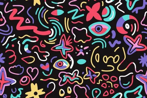 Fun shapes children seamless pattern. Flower geometric neon bright color funky Stock Illustration