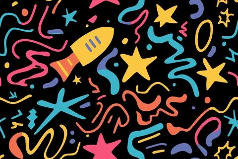 Fun shapes children seamless pattern. Space geometric neon bright color funky Stock Illustration