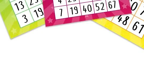 Fun simple template with pink, green and yellow bingo tickets on the white ba Stock Illustration