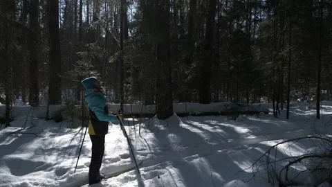 Fun skiing in the snowy forest Vidéo 170481403