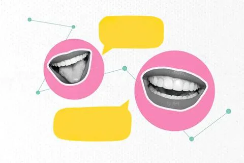 Fun smiling mouths with speech bubbles on a white background Stock Photos