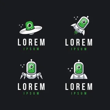 Fun space alien spaceship logo icon set on dark background Stock Illustration