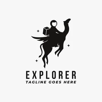 Fun space explorer, astronaut ride flying camel, astronomy astronaut logo Stock Illustration
