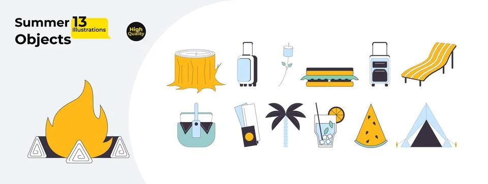 Fun summer 2D linear cartoon objects bundle Stock-Illustration