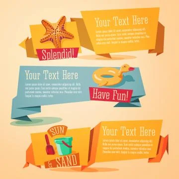 Fun summer banners set - beach theme, starfish, rubber duck. Vector Stock Illustration