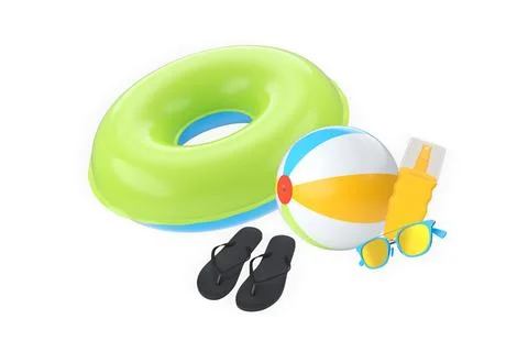 Fun summer beach accessories including inflatable swim ring, beach ball, flip 스톡 일러스트