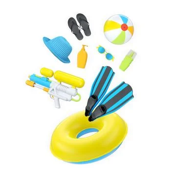 Fun summer beach accessories including inflatable swim ring, beach ball, flip 스톡 일러스트
