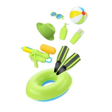 Fun summer beach accessories including inflatable swim ring, beach ball, fl.. Illustrazione stock