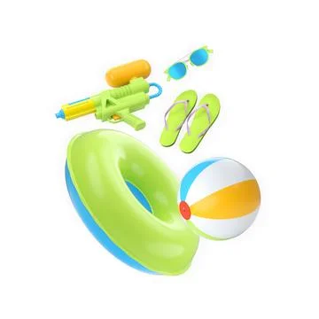 Fun summer beach accessories including inflatable swim ring, beach ball, flip 스톡 일러스트