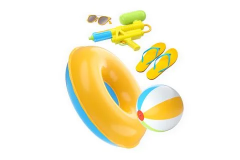 Fun summer beach accessories including inflatable swim ring, beach ball, flip 스톡 일러스트