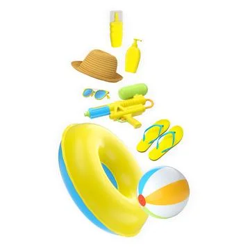 Fun summer beach accessories including inflatable swim ring, beach ball, flip 스톡 일러스트