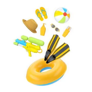 Fun summer beach accessories including inflatable swim ring, beach ball, flip イラスト素材