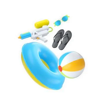 Fun summer beach accessories including inflatable swim ring, beach ball, flip イラスト素材