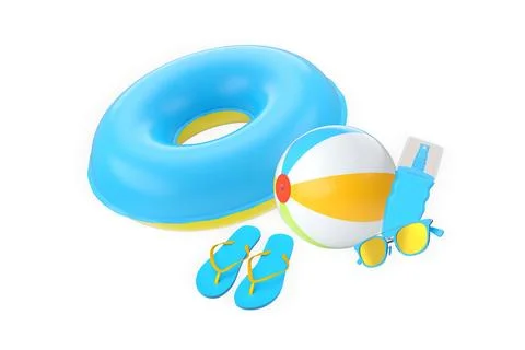 Fun summer beach accessories including inflatable swim ring, beach ball, fl.. Stock Illustration