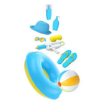 Fun summer beach accessories including inflatable swim ring, beach ball, flip Stock Illustration
