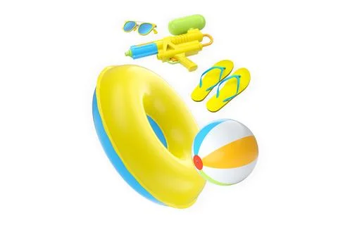 Fun summer beach accessories including inflatable swim ring, beach ball, fl.. Stock-Illustration