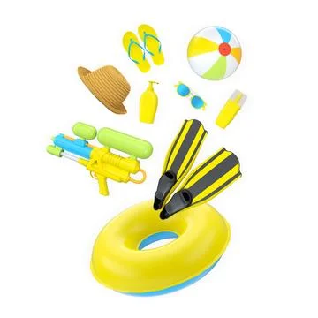Fun summer beach accessories including inflatable swim ring, beach ball, flip Stock-Illustration