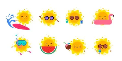 Fun summer elements, sun characters, icons with ice cream, watermelon, surfboard 스톡 일러스트