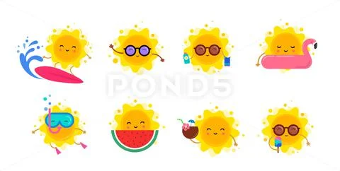 Fun summer elements, sun characters, icons with ice cream, watermelon, surfboard Stock Illustrationen