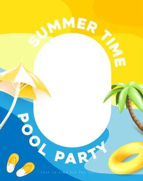 Fun summer poster with palm tree, umbrella, float, and sandals on yellow an.. Illustrazione stock