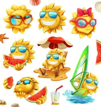 Fun summer sun, vector characters. 3d icon set Stock Illustration