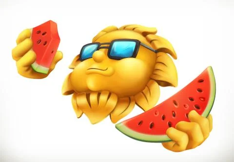 Fun summer sun with watermelon. 3d vector icon Stock Illustration