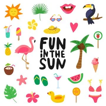 Fun in the sun hand drawn quote with summer elements. Summer design with doodle Stock Illustration
