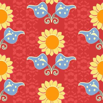 Fun sunflower vector repeat pattern on a decorative red background Illustrazione stock