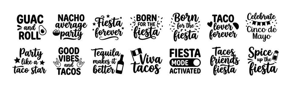 Fun Taco Fiesta Typography Bundle Mexican Party Quotes for Cinco de Mayo Stock Illustration