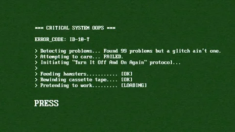 Fun tech humour Messages on PC Screen prompts user to press panic key Stock Footage 328066193