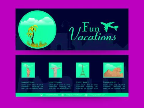 Fun Vacations Banner or Header Design with World's Famous Landmarks in Two .. Stock Illustration