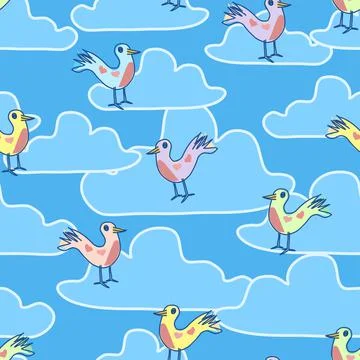Fun Vector Repeat Pattern With Cute Birds And Blue Clouds On A Sky blue Backg Stockillustratie