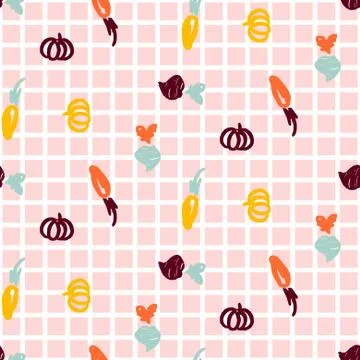 Fun vegetable seamless vector pattern hand drawn sketch style on checkered pink Illustrazione stock