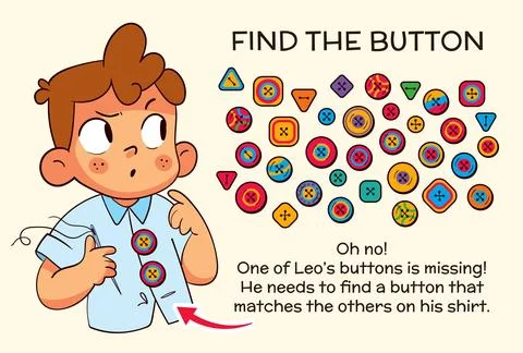 Fun visual puzzle for kids featuring a boy trying to find a matching button Stock Illustration