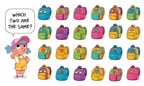 Fun visual puzzle for kids - find the two identical backpacks. Find the Match Stockillustratie