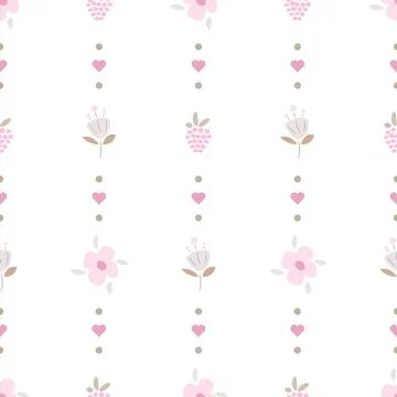Fun Whimsy Stripes with berry, flowers and hearts seamless pattern イラスト素材
