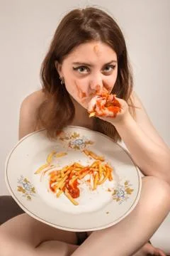 Fun Woman Eats Фото