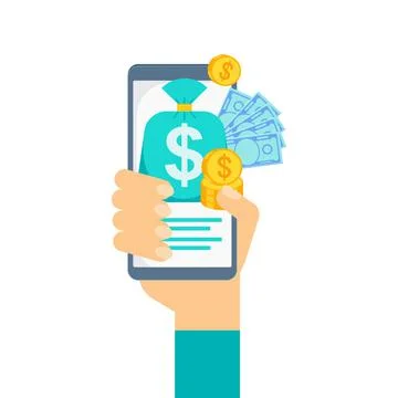 Function Of A Mobile App. Hand with phone. Bank account Stock Illustration
