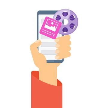 Function Of A Mobile App. Hand with phone. Entertaining content. Illustrazione stock