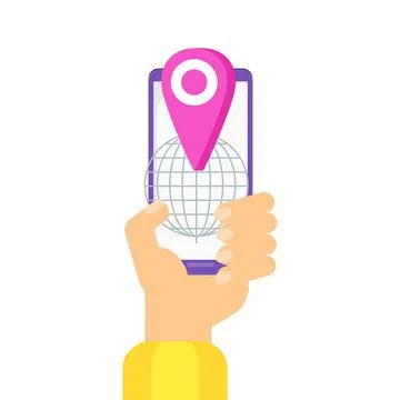 Function Of A Mobile App. Hand with phone. Illustrazione stock