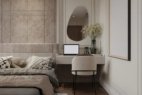 A Function Table, Wall Mirror, Chair, Vase and Comfy Bed and Matching Wall .. Stock Photos