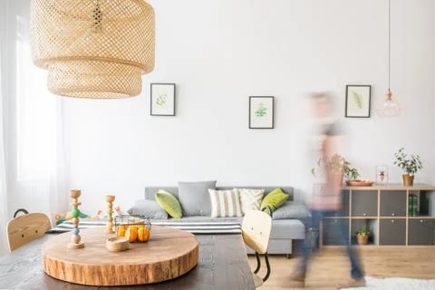Functional apartment with wood table Foto stock