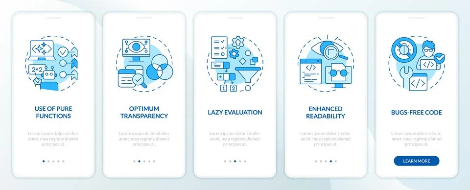 Functional programming advantages blue onboarding mobile app screen Stock Illustration