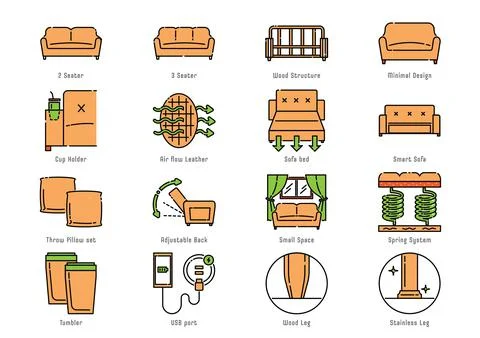 Functional sofa icon set Stock Illustration