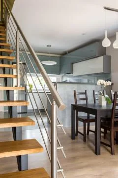 Functional villa interior in grey Stock Photos