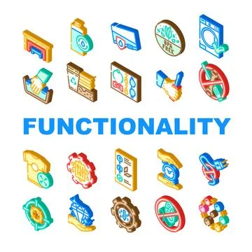 Functionality characteristics properties and features isometric icons set Stock Illustration