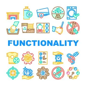 Functionality product technical characteristics feature vector icons Stock Illustration